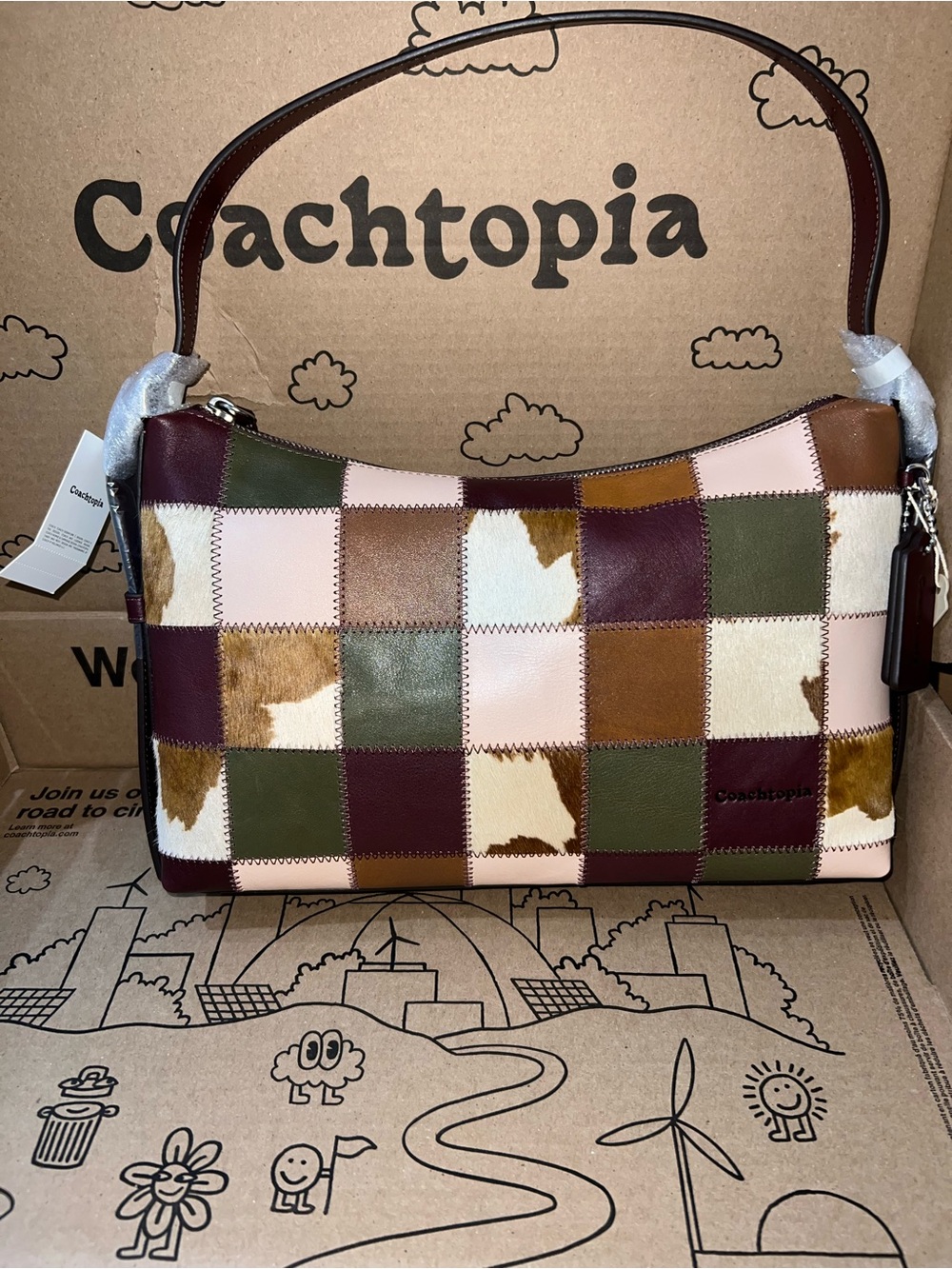 Coach Patchwork Checker Leather Shoulder Bag in Multi Colors